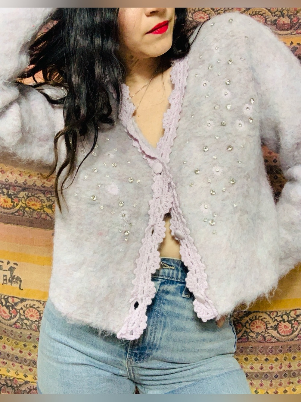 NWT Soft Lavender Beaded Cropped Cardigan Sweater